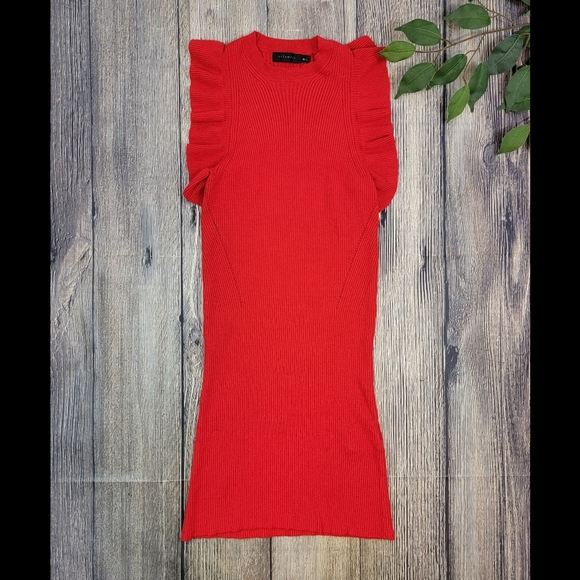 Vitamina Red Ribbed Flutter Sleeve Dress - Picture 1 of 9